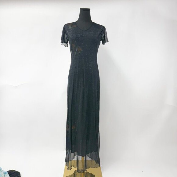 VINTAGE 90S STYLE LONG MESH MAXI DRESS SHIMMER WITH FLORALS - Picture 9 of 16